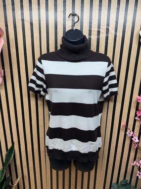 Lauren Ralph Lauren Brown & White Striped Short Sleeve Turtleneck Sweater Size M